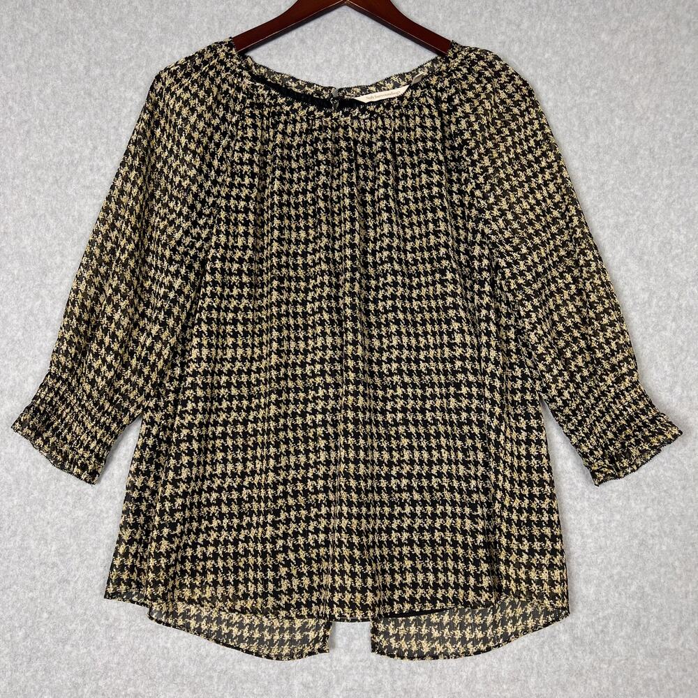 Soft Surroundings Black Gold Houndstooth 3/4 Sleeves Blouse Size Medium Petite